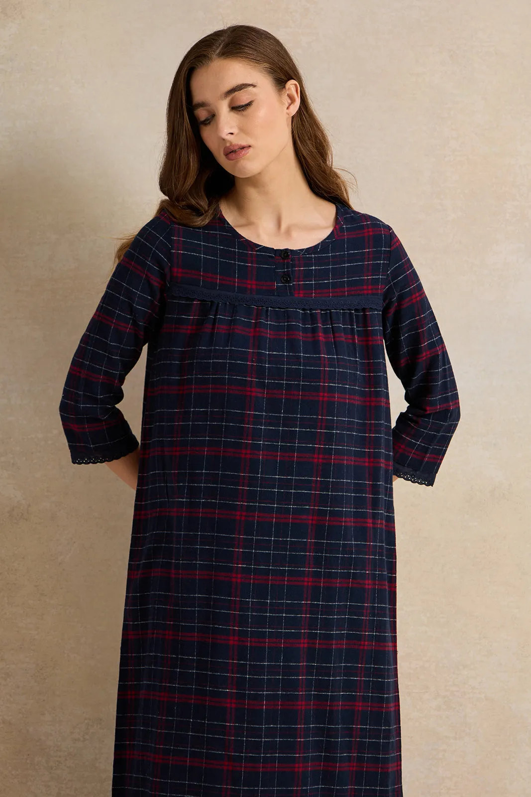 Women Navy Checkered Flannel Ninghtgown